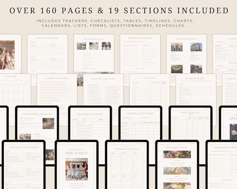 May include: A digital planner for wedding planning with over 160 pages and 19 sections. The planner includes checklists, tables, timelines, charts, calendars, lists, forms, questionnaires, and schedules.