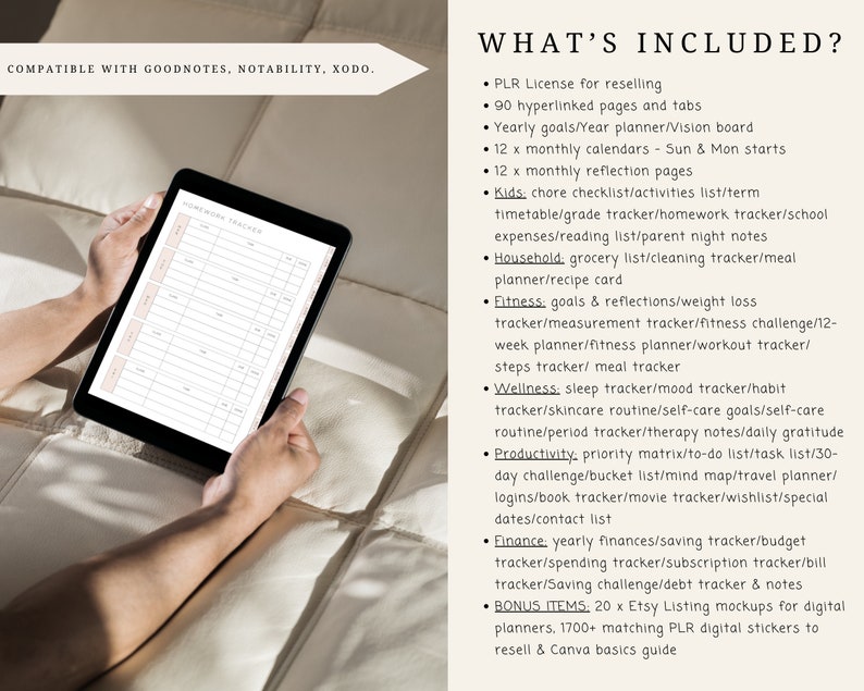 Pu&ograve; includere: Un planner digitale con il testo "Homework Tracker" sullo schermo. Il planner &egrave; compatibile con Goodnotes, Notability e Xodo. Il testo "What's Included?" &egrave; elencato con un elenco puntato di funzionalit&agrave;, tra cui una licenza PLR per la rivendita, 90 pagine e schede ipertestuali, obiettivi annuali, calendari mensili, liste di cose da fare per bambini, liste della spesa per la casa, tracker di fitness, tracker di benessere, tracker di produttivit&agrave;, tracker finanziari ed elementi bonus.