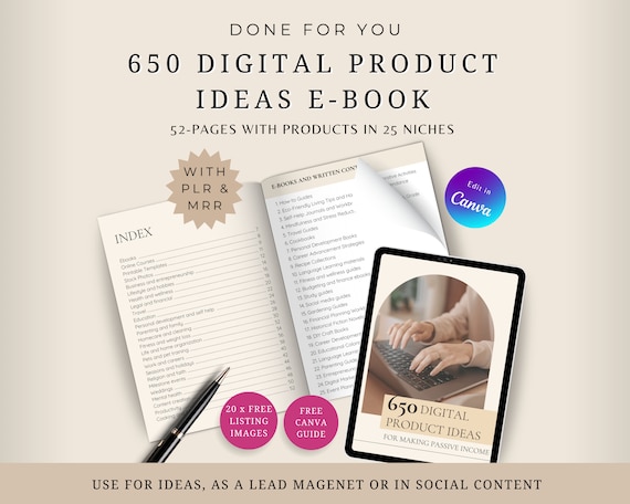 650 Digital Product Ideas Passive Income E-book, PLR MRR, Done For You Lead Magnet, Grow Your Email, Commercial Use, Canva template