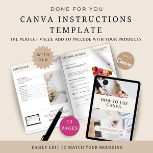 Puede incluir: Una plantilla de instrucciones de Canva con 13 páginas, con un diseño floral rosa y blanco. La plantilla incluye instrucciones sobre cómo usar Canva, los conceptos básicos de edición y la transparencia. El texto "Edit in Canva" se muestra en un círculo.