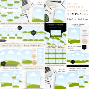 May include: A digital product mockup featuring 55 US Letter and 64 A4 size templates. The templates feature a green and blue landscape design with white clouds. The text "2000 x 2000 px" is displayed in the top right corner.