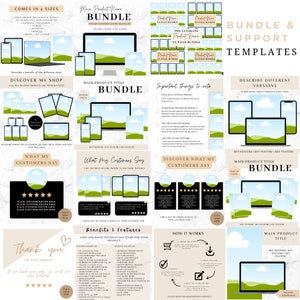 May include: A digital product bundle template with a green and blue landscape background. The template includes text boxes for product titles, descriptions, key features, customer reviews, and a thank you message. The template also includes a section for describing different versions of the product.