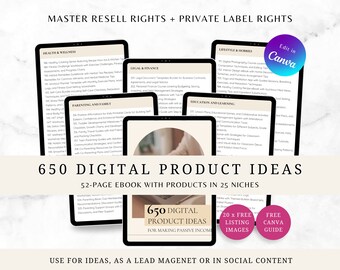 650 Digital Product Ideas Ebook: PLR, MRR Canva Template