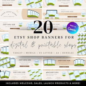 May include: Twenty Etsy shop banners for digital and printable shops. The banners feature a variety of designs, including a landscape scene with a blue sky and green hills, a phone with a green screen, and a tablet with a green screen. The banners are available in tablet, mobile, US letter, A4, and bundle sizes. The text on the banners includes "Shop Name Here", "Welcome to Shop Name Here", and "Your Shop Name".