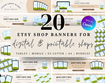 20 Large Etsy Shop Banners with Digital, Printable, Bundle, Mobile, Sale & Launch Branding Templates. Edit in Canva Mockups to Sell on Etsy