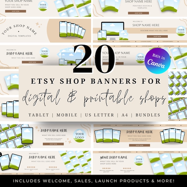 20 große Etsy-Shop-Banner mit digitalen, druckbaren, Bundle-, Mobile-, Sale- und Branding-Vorlagen. Bearbeiten Sie in Canva Mockups, um sie auf Etsy zu verkaufen
