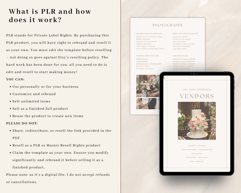 May include: A digital tablet displaying a wedding vendor checklist with the heading "Section Thirteen: Vendors". The checklist includes categories for florist, caterer, photographer, videographer, music and transportation. A photo of a white wedding cake with pink and white flowers is shown in the background.