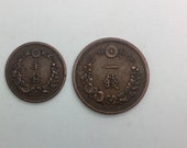 Pair of Japanese Japan Meiji Copper Coins 1877 Year 10 Half Sen 1880 Year 13 One Sen Mutsuhito Emperor Dragons Flowers Collector Coin