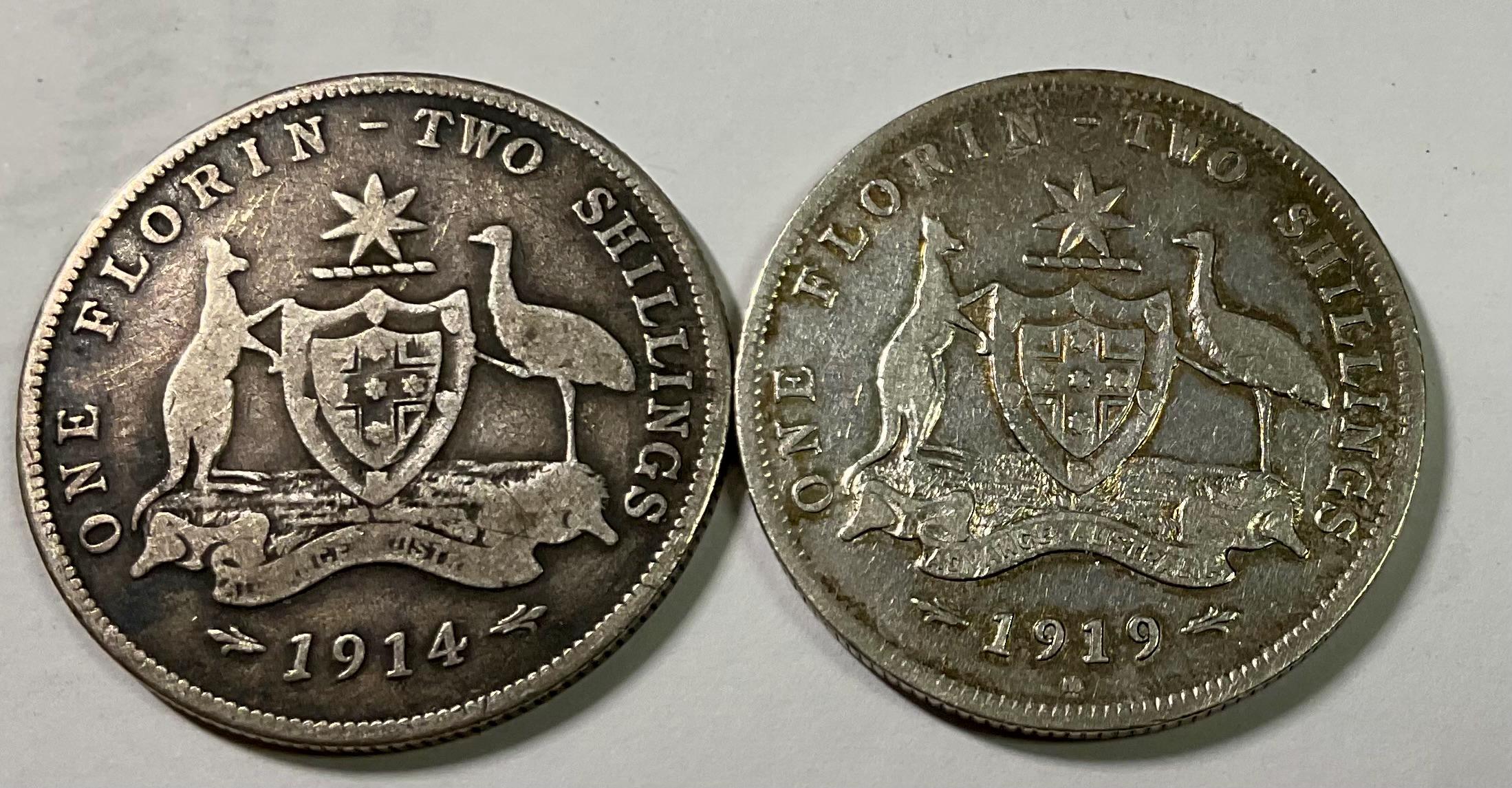 1914 年 & 1919 年 M オーストラリア フローリン 2 シリング ジョージ
