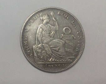 Peru  1900  1/5 Sol Silver Quarter  Sized Coin Lady Liberty Seated  Llama  Cornocupia  Shield Staff