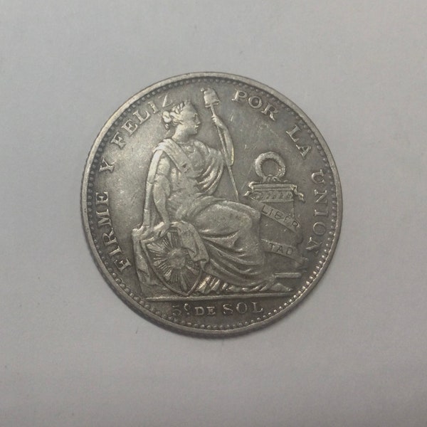 Peru  1900  1/5 Sol Silver Quarter  Sized Coin Lady Liberty Seated  Llama  Cornocupia  Shield Staff