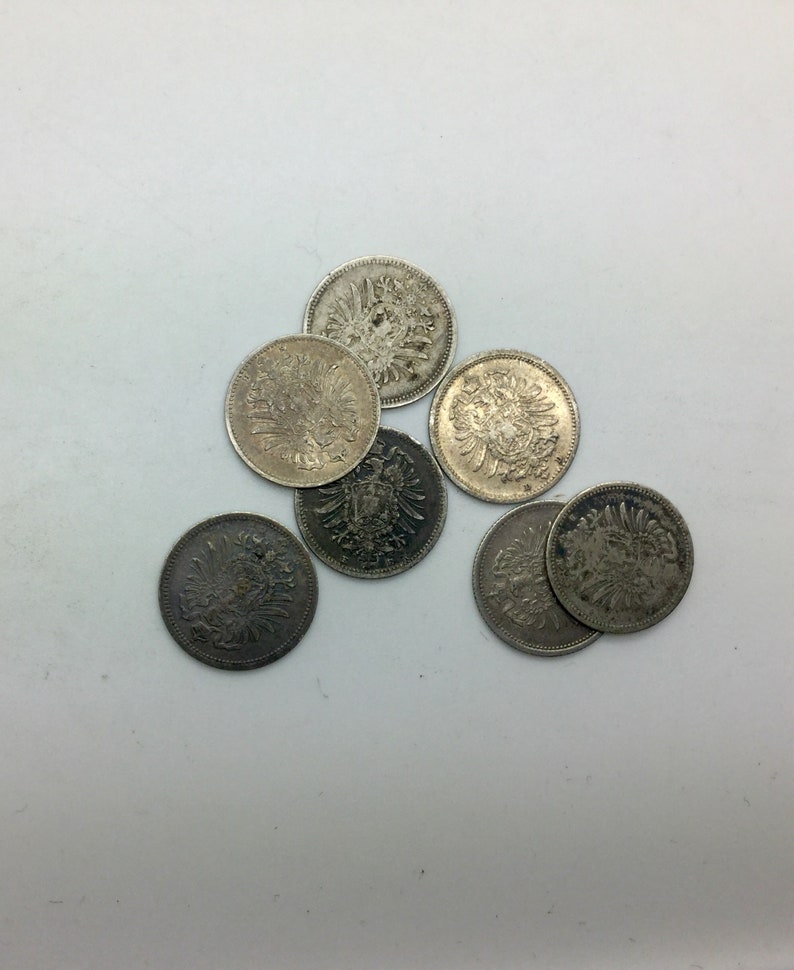 Germany German Empire Lot Of 7 Silver 20 Pfennig Coins 1874 D 1875 C /& E 1876 E F 1876 B J Good Mix Some Nicer Great Charm Idea