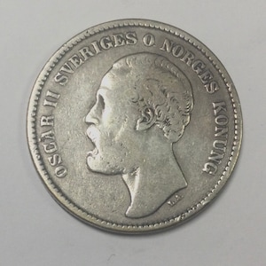 1876 EB Sweden 2 Kronor Silver Coin Oscar II  King of Sweden and Norway  Collectible Scandinavia Coin  Lions Crown  Coat of Arms Scarce
