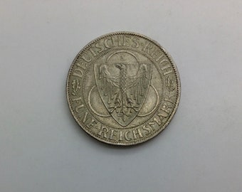 1930 A Berlin Mint  Weimar Republic  Silver Five Marks  Rheinland Commemorative Eagle Standing on Bridge Eagle Shield Oak Leaves  KM#71
