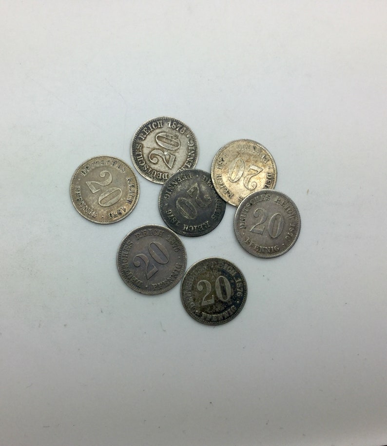 Germany German Empire Lot Of 7 Silver 20 Pfennig Coins 1874 D 1875 C /& E 1876 E F 1876 B J Good Mix Some Nicer Great Charm Idea