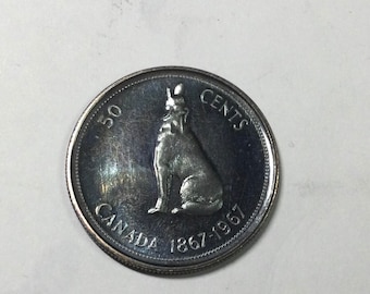 1967 Canada Centennial  Silver Fifty Cents Wolf  Animal Coin Flashy  Lustrous Coin Elizabeth II Last Silver Half  Dollar Toned Beauty