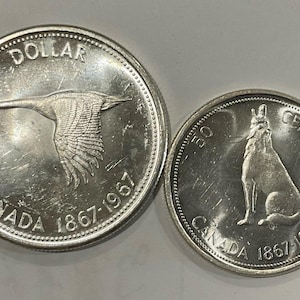 May include: Two silver-colored Canadian commemorative coins from 1967. The larger coin features a flying goose and the text DOLLAR CANADA 1867-1967. The smaller coin depicts a howling wolf with the text 50 CENTS CANADA 1867-1967 on the face.