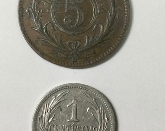 1857 D Uruguay 5 Centesimos KM#8 & 1901 Uruguay Centesimo KM#19 pair of scarce South American Collectors Coins