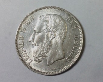 1870 Belgium  Five 5 Francs Silver Collectors Crown Sized Coin Leopold II King of Belgium  European 19 th Century