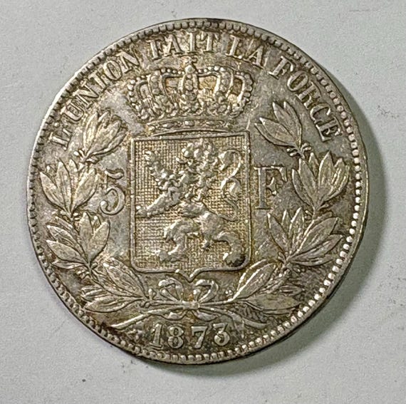 1873年 ベルギー 5フラン 銀貨 コレクターズ クラウンサイズ コイン