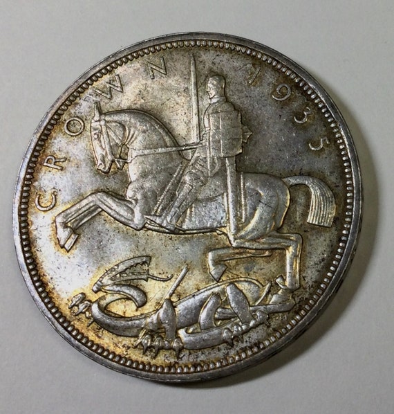 1935 Gt Britain Silver Crown 5 Shillings Coin George V Art Deco