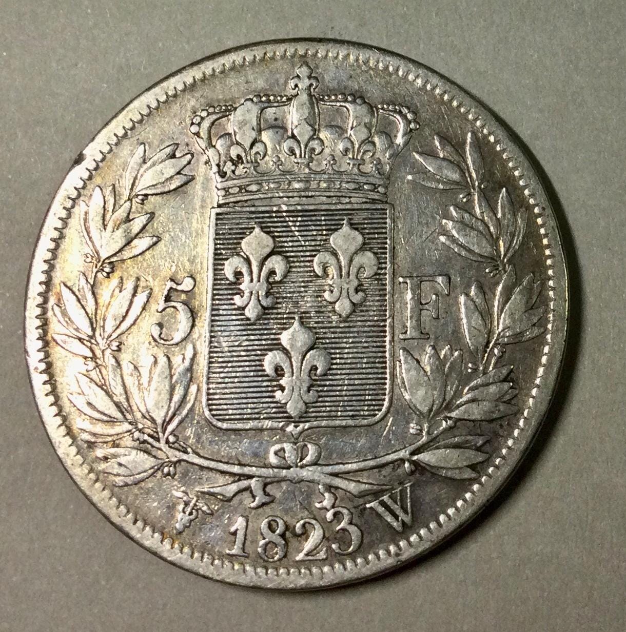 黒*グ様 1822年フランスルイ18世 5フラン 銀貨 1823年 西フランス 5フラン 銀貨 KM#711.13 ルイ18世 王冠サイズ