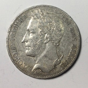 1849 Belgium  Five 5 Francs Silver Collectors Crown Sized Coin Leopold I  King of Belgium Scarce Three year Type European 19 th Century