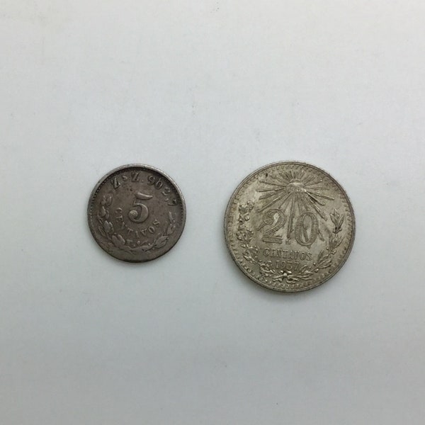 1902 Z SZ Silver 5 Centavos  & 1937 Mexico 20 Centavos Collector Coin Pair or  for a Charm Idea Cap And Rays Eagle