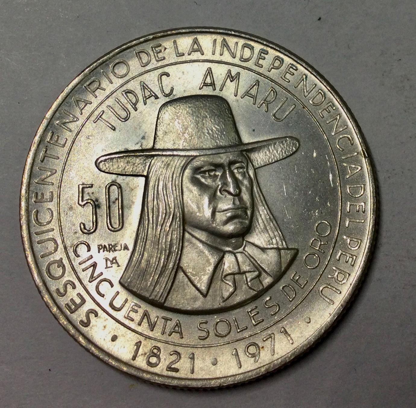 レコード 1971 Peru 50 Soles Silver 150th Anniversary Peru Coat of Arms
