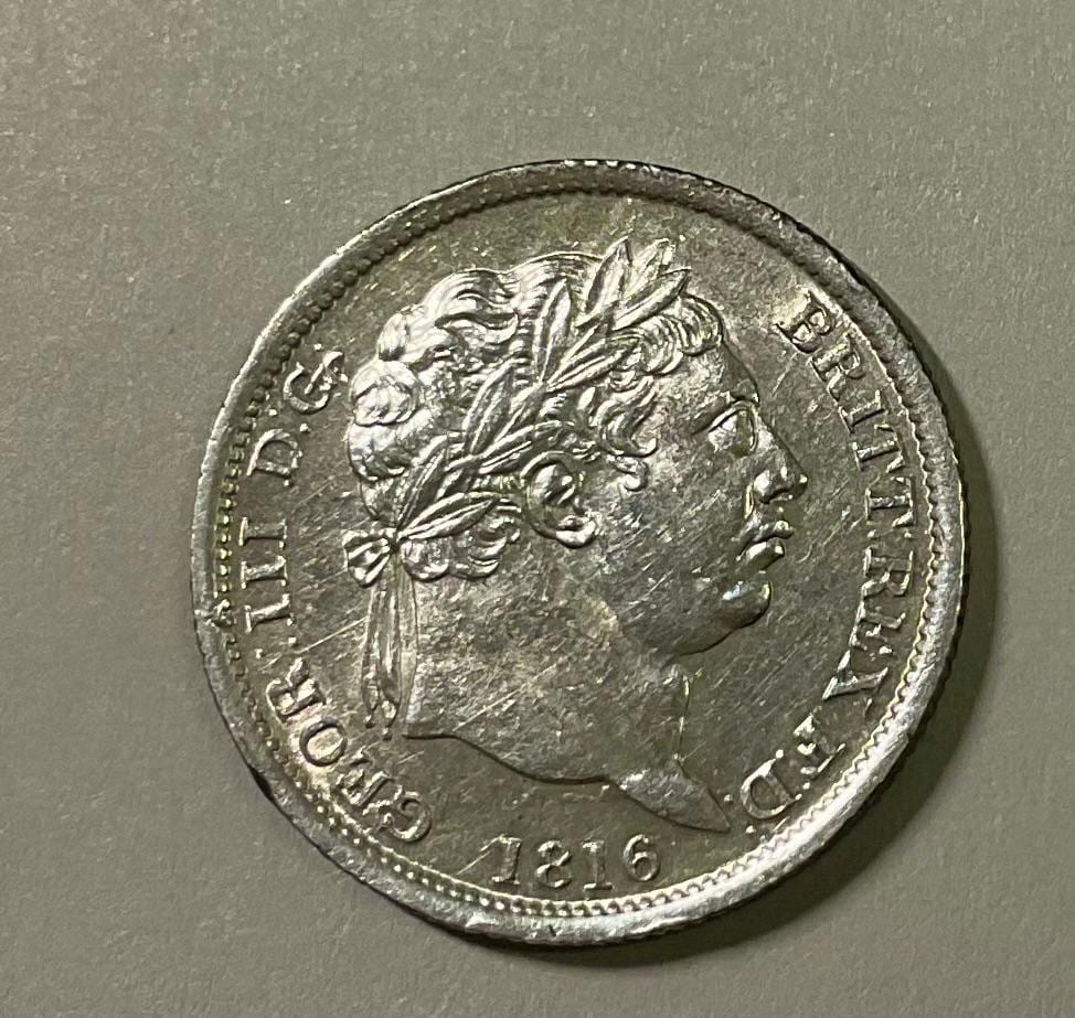 1816年 イギリス シリング銀貨 ジョージ3世 古い雄牛の頭 表面 王冠