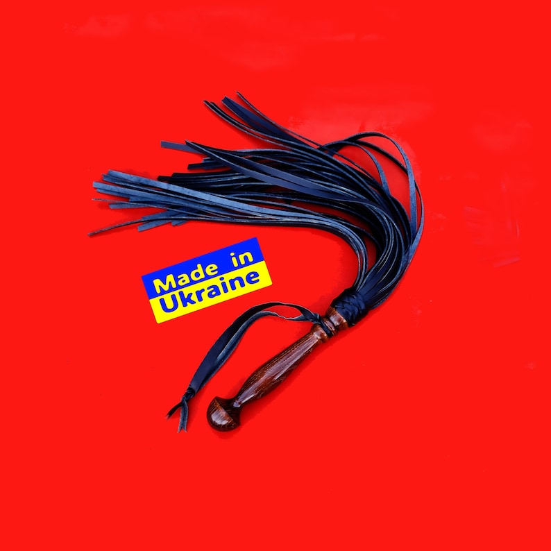 Flogger with Wooden Grip,  Black BDSM leather Flogger fetish whip 