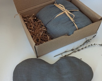 Hot and cold therapy custom gift box: flaxseed filled linen shoulder wrap & heart shaped eye pillow/Self care gift/Flaxseed wrap+eye pillow