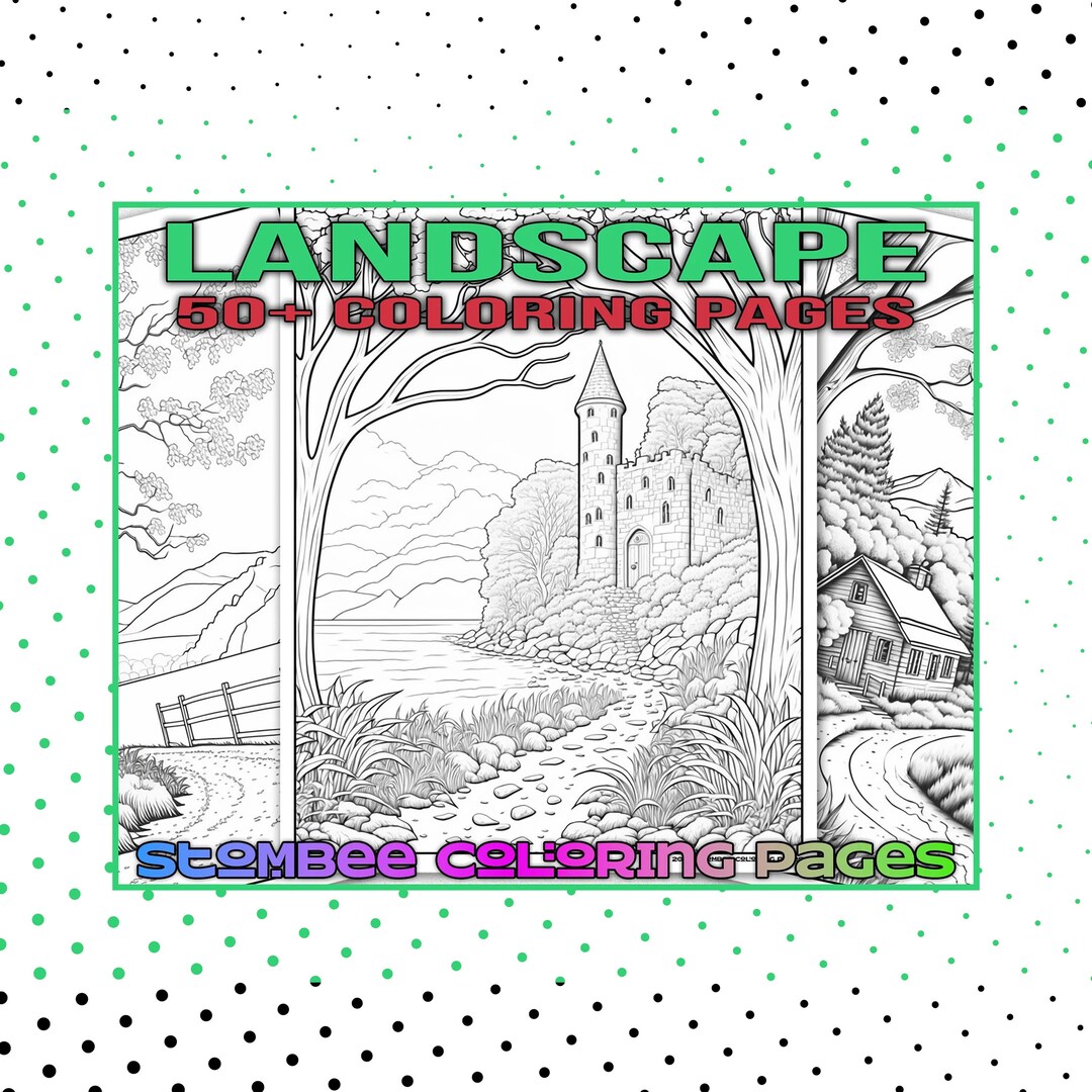 50 Landscape Coloring Adult Pages, Printable Book PDF, Coloring Page