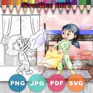 Pillow Fight - Printable Adult Coloring Page from StomBee (Coloring book pages for adults and kids, Coloring sheets, Coloring designs)