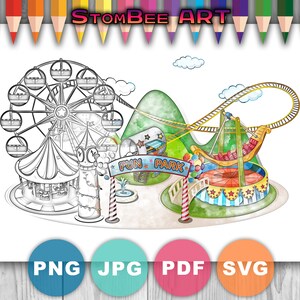 Fun Park - Printable Adult Coloring Page from StomBee (Coloring book pages for adults and kids, Coloring sheets, Coloring designs)