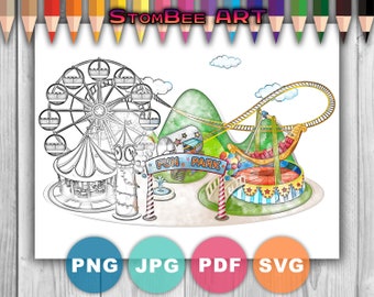 Fun Park - Printable Adult Coloring Page from StomBee (Coloring book pages for adults and kids, Coloring sheets, Coloring designs)
