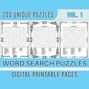 200 Word Search Printable Puzzle Instant Download, Printable Puzzle Pages for Kids and Adults, Includes Solutions, Digital Printable • Vol 1