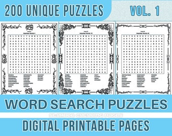 200 Word Search Printable Puzzle Instant Download, Printable Puzzle Pages for Kids and Adults, Includes Solutions, Digital Printable • Vol 1