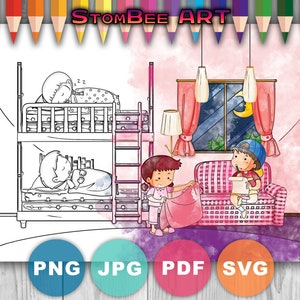 Sleepover Coloring Page: Kids Bunk Beds Art (Printable PDF)