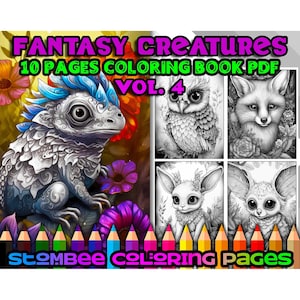 Páginas para colorear para adultos Criaturas fantásticas Escala de grises premium / Libro para colorear de animales PDF / Libro para colorear para adultos / Actividades para adultos y niños Vol 4