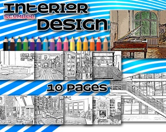 10 Interior Design Coloring Book, Adult Coloring Pages, Printable Coloring Pages, Coloring Pages Printable, Coloring Page For Adult