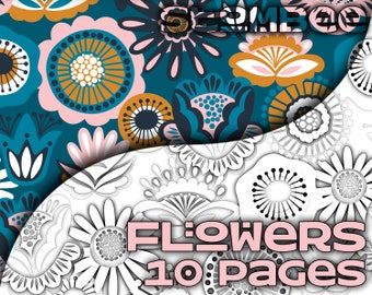 10 Flower Coloring Pages, Flower Coloring Book, Adult Coloring Pages, Printable Coloring, Adult Coloring Book, Grown Up Coloring