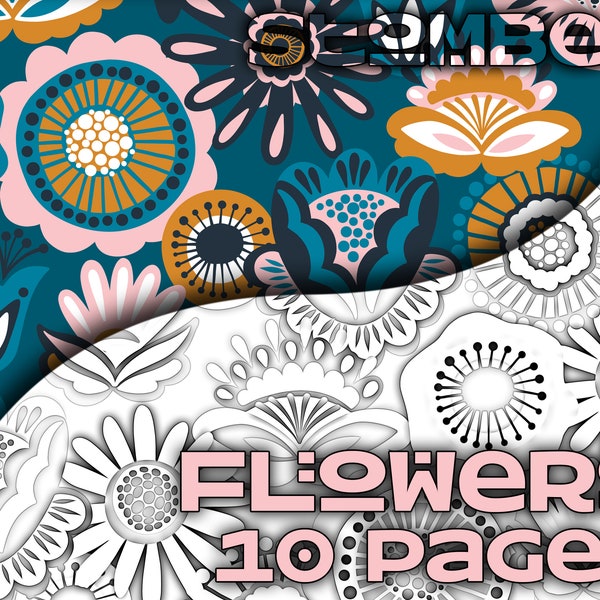 10 Flower Coloring Pages, Flower Coloring Book, Adult Coloring Pages, Printable Coloring, Adult Coloring Book, Grown Up Coloring
