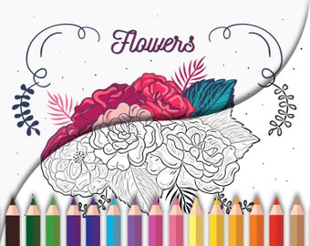 10 Flower Coloring Pages, Flower Coloring Book, Adult Coloring Pages, Printable Coloring, Adult Coloring Book, Grown Up Coloring