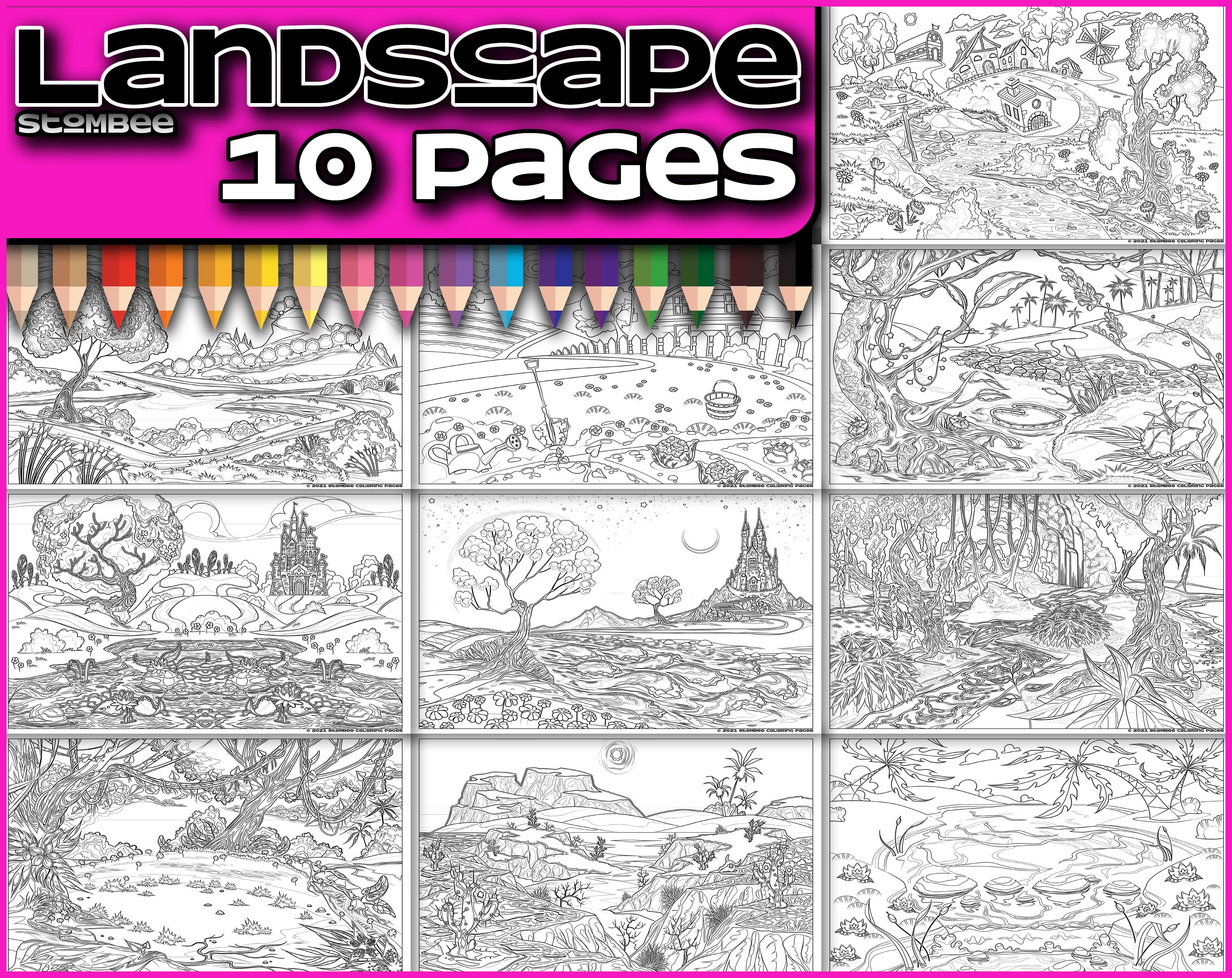adult coloring pages printable landscape coloring page for etsy