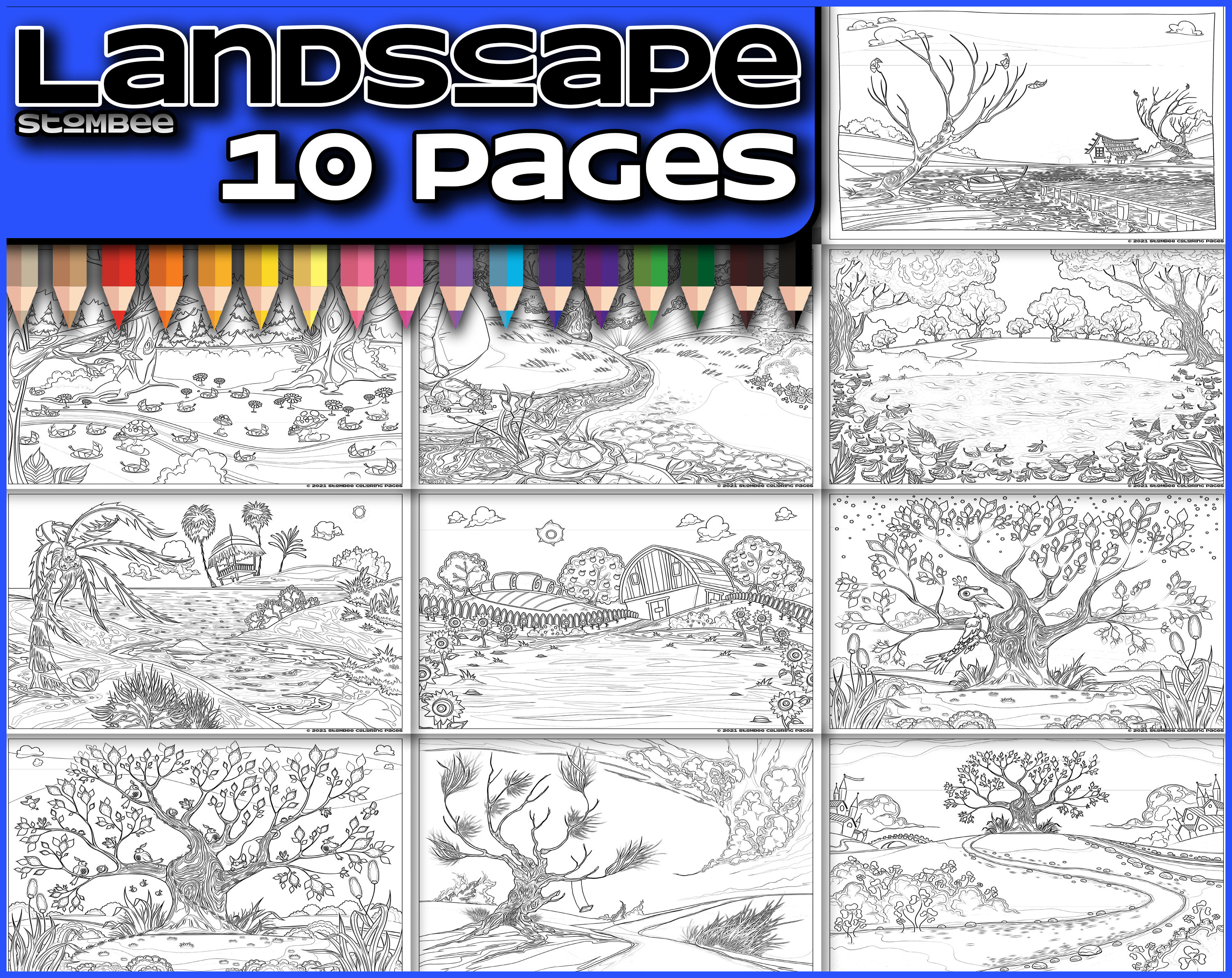 Adult Coloring Pages Printable Landscape Coloring Page For Etsy