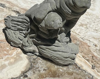 Handmade Concrete Manatee Statue for Garden or Coastal Decor, Cement Mother and Baby Sculpture, Outdoor Lawn Ornament, Rustic Patio Art