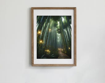 May include: A path lined with bamboo trees leads into a forest. The path is lit by hanging lanterns. The forest is dark and mysterious.