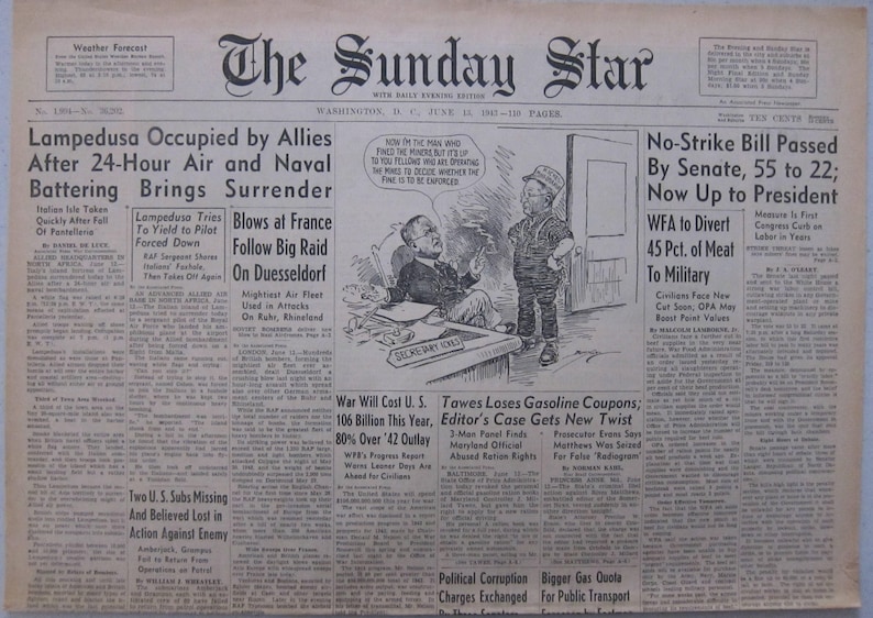 June 13 1943 The Sunday Star Lampedusa Occupied by Allies After 24-Hour Air and Naval Battering Brings Surrender