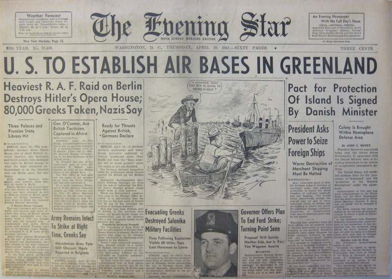 To Establish Air Bases in Greenland; Pact for Protection Of Island Is Signed By Danish Minister April 10 1941 The Evening Star U.S
